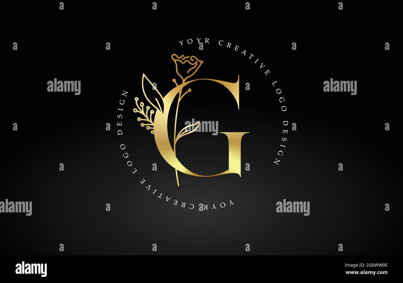 Golden Gold G Letter Design Logo with Floral Leaf Plant Idea for ...