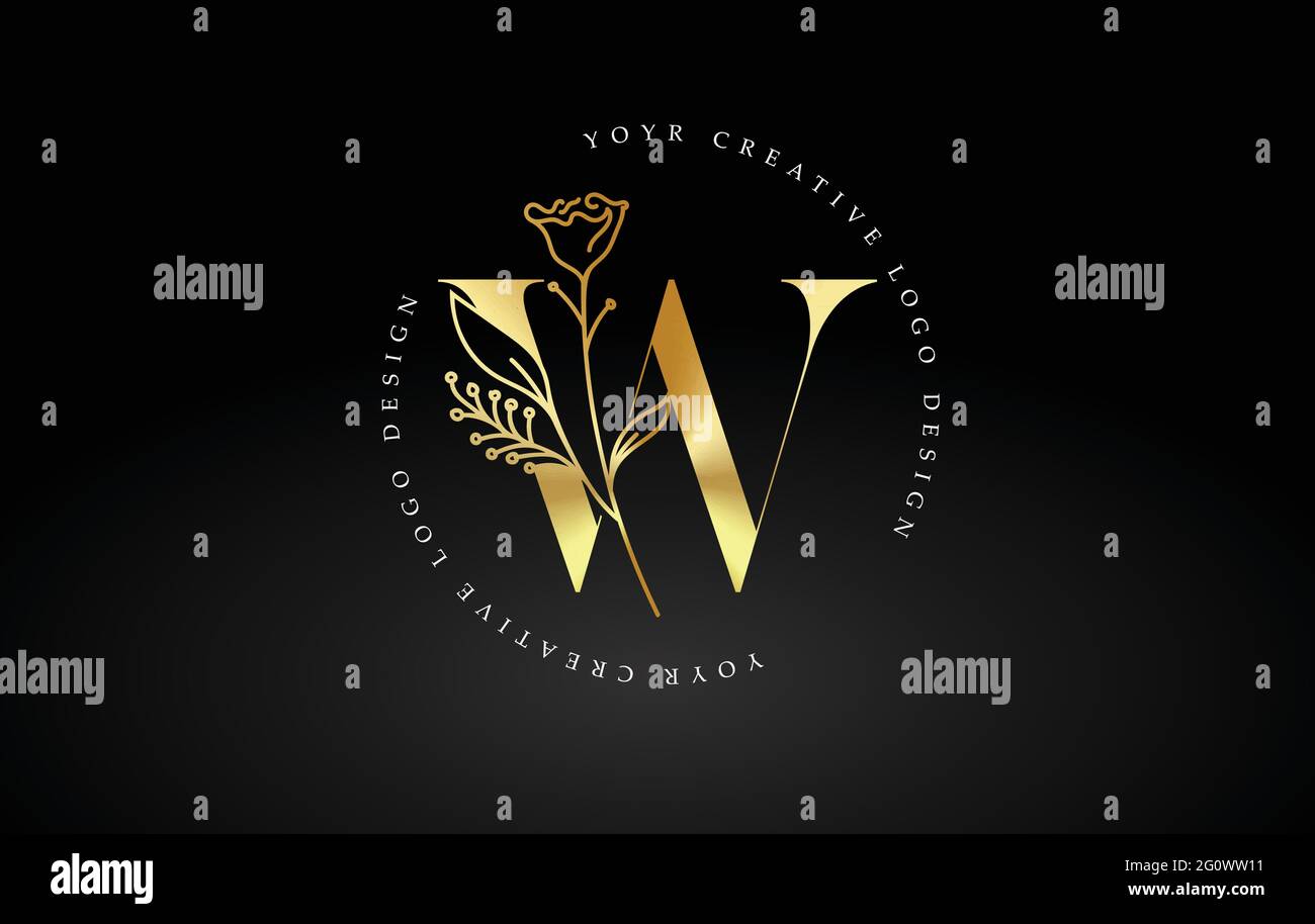 Golden Gold W Letter Design Logo with Floral Leaf Plant Idea for ...