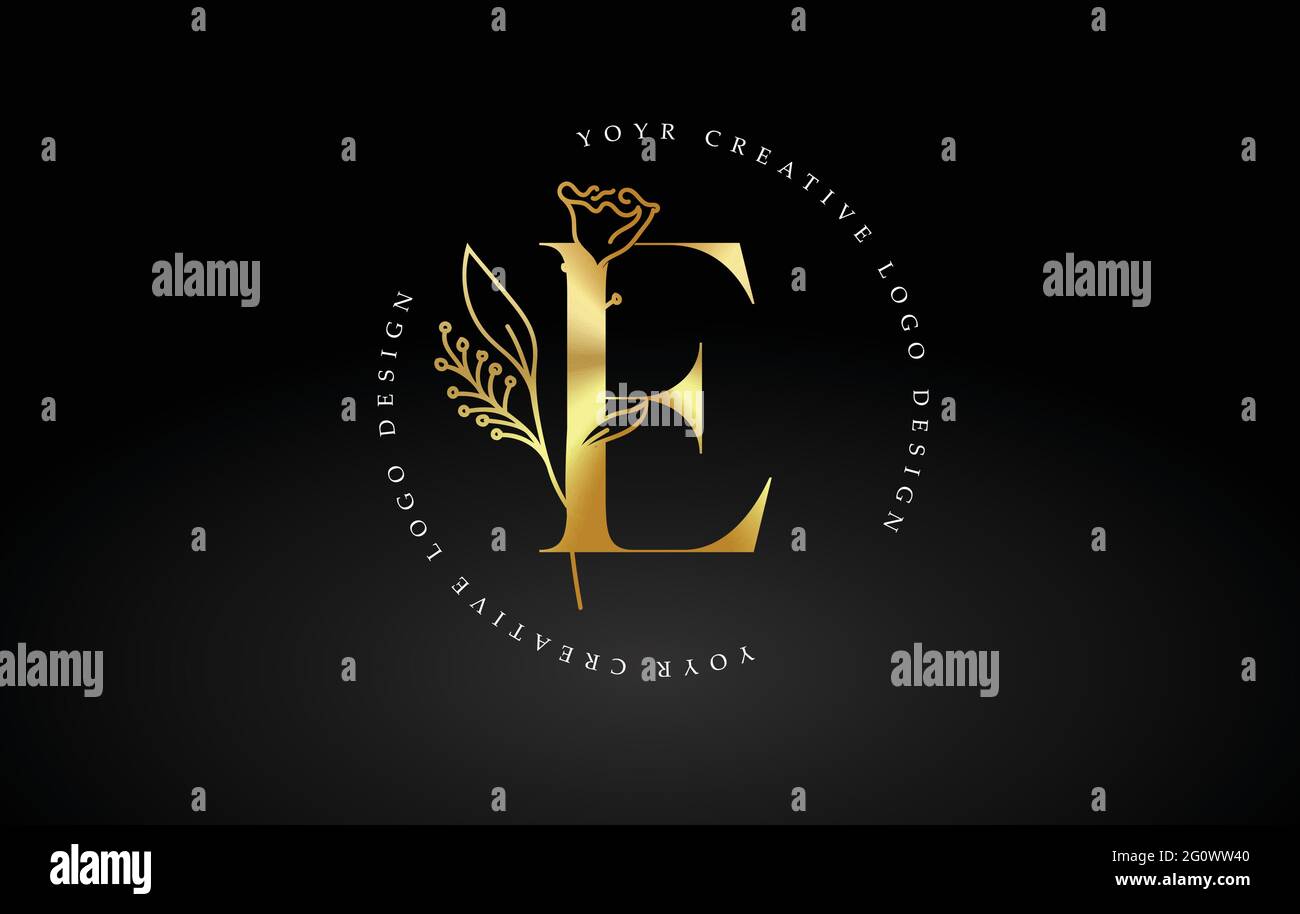 Golden Gold E Letter Design Logo with Floral Leaf Plant Idea for ...