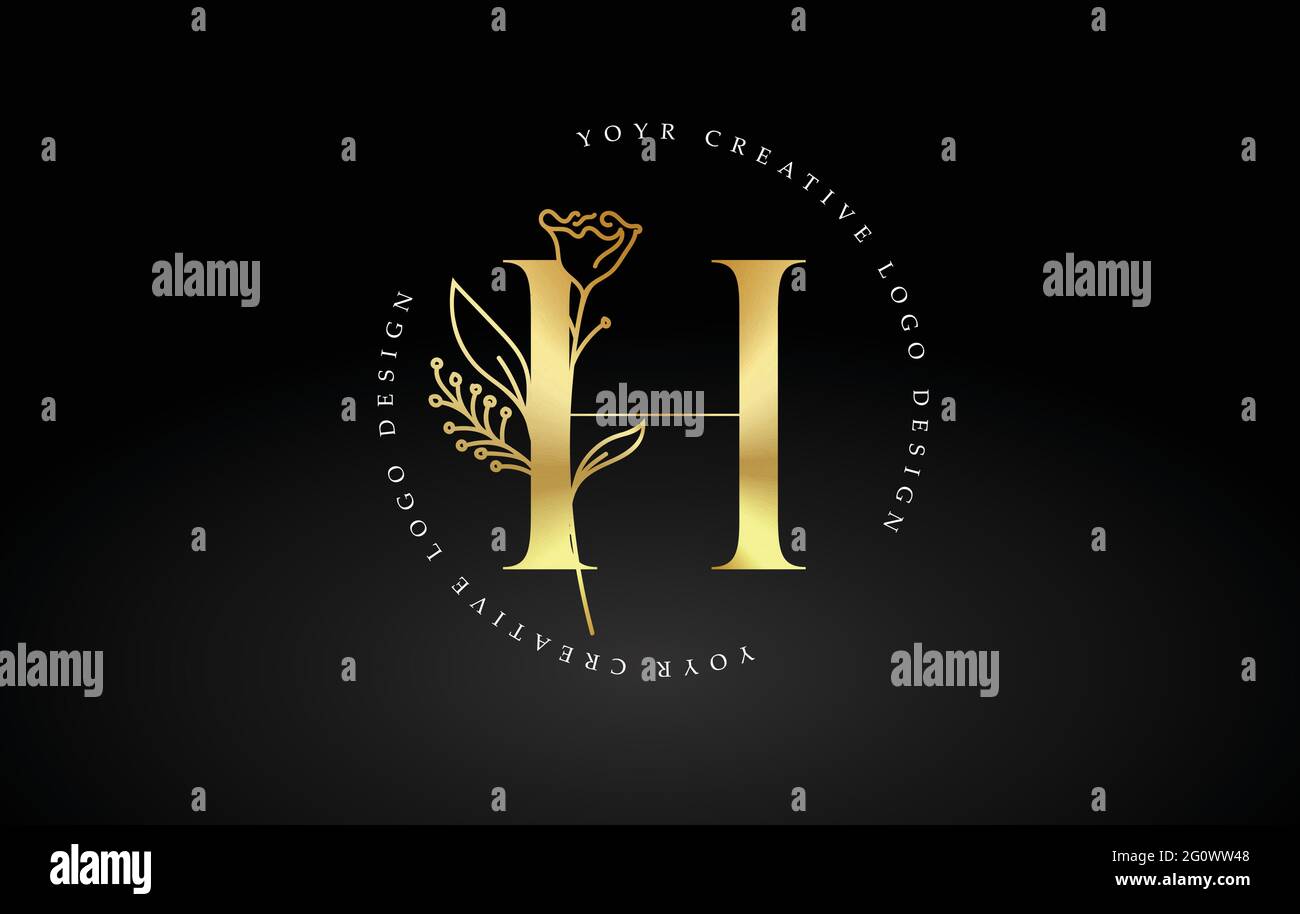 Golden Gold H Letter Design Logo with Floral Leaf Plant Idea for ...