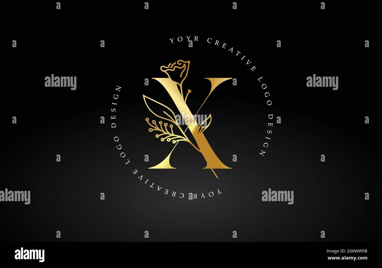 Golden Gold X Letter Design Logo with Floral Leaf Plant Idea for ...