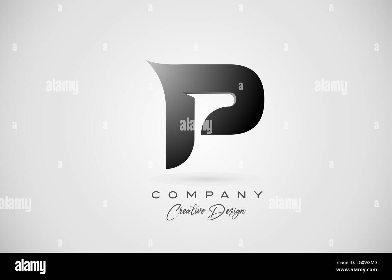 Monogram P letter logo linear emblem, 3d effect silver gradient