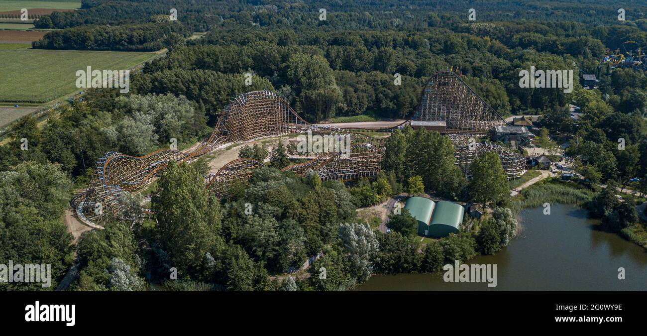 Untamed RMC Rollercoaster at Walbi Holland The Netherlands taken from the air, Aerial Image Rocky Mountain Construction IBOX Topper Track Stock Photo