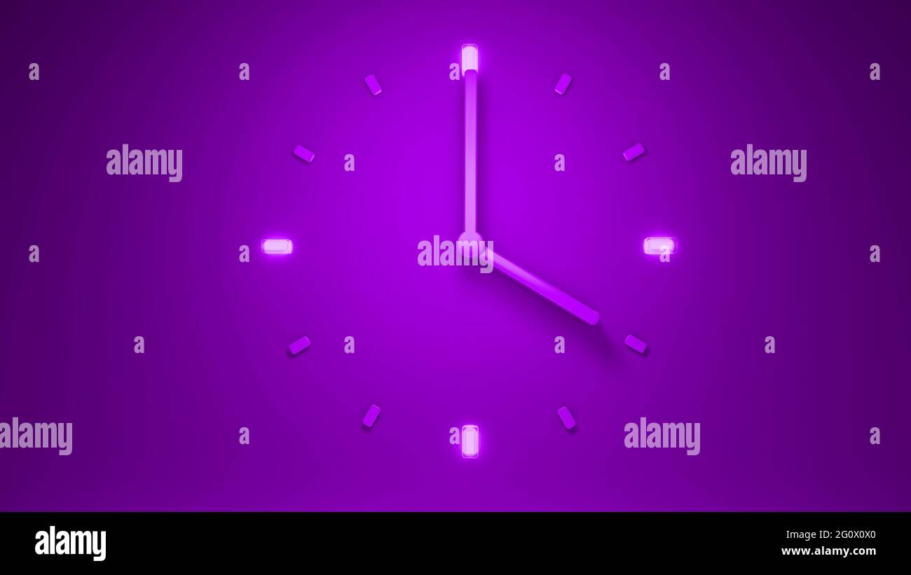 3D rendering of an illuminated purple clock showing four o'clock Stock Photo