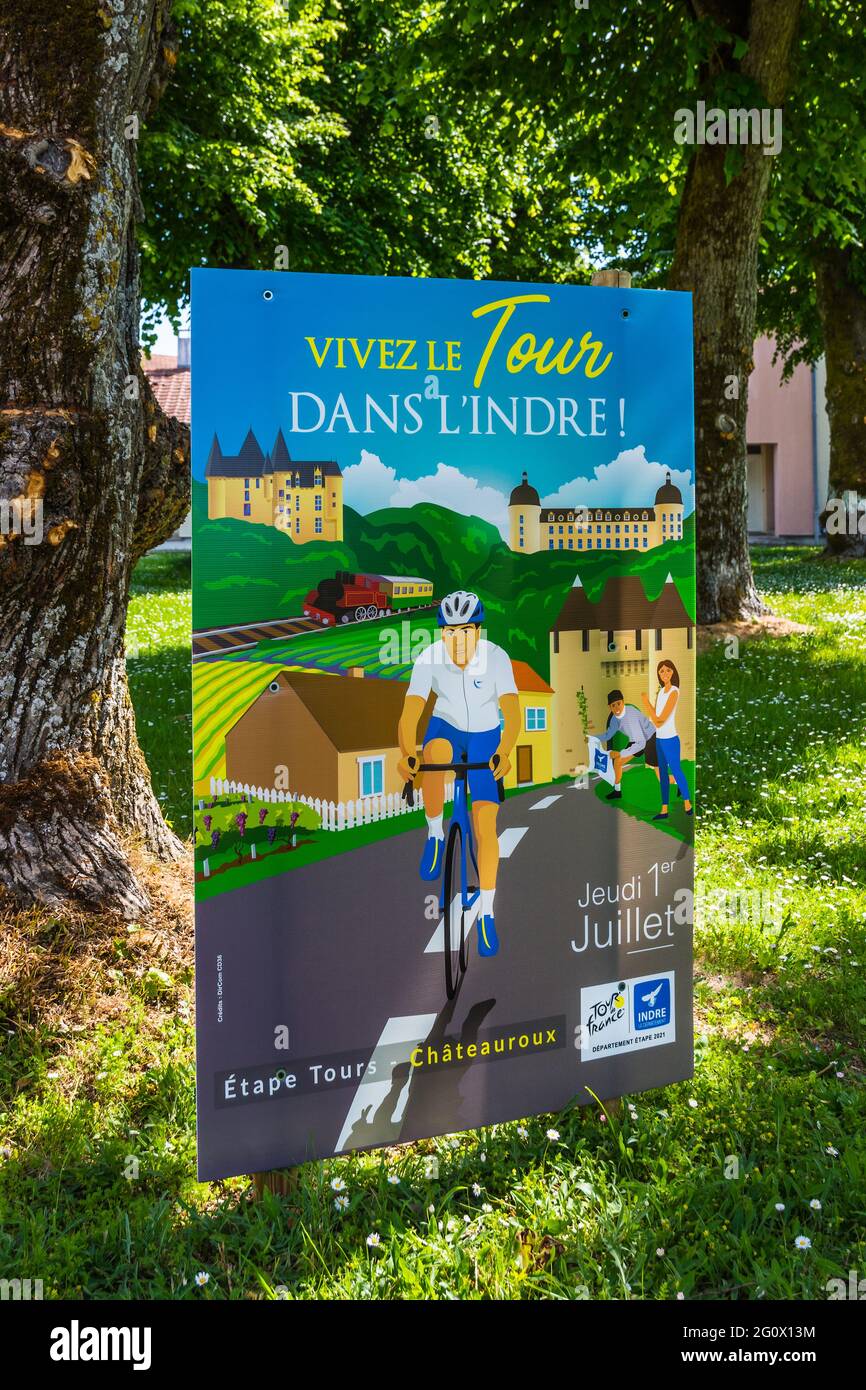 Poster announcing route of 2021 Tour de France through village of Lucay-le-Male, Indre (36), France. Stock Photo