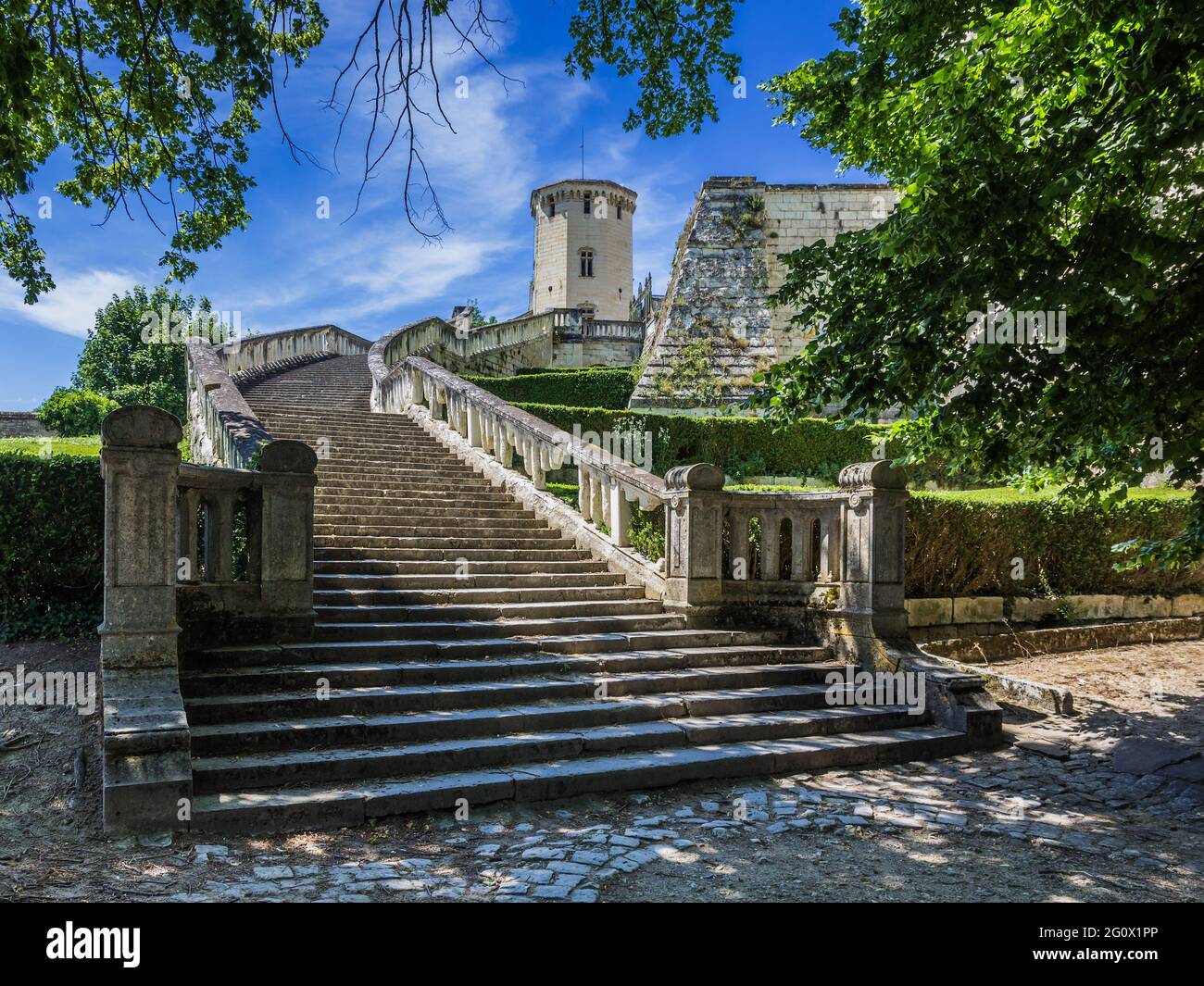Wide flight of stone steps leading to the Chateau de Saint-Aignan, Loir-et-Cher (41), France. Stock Photo