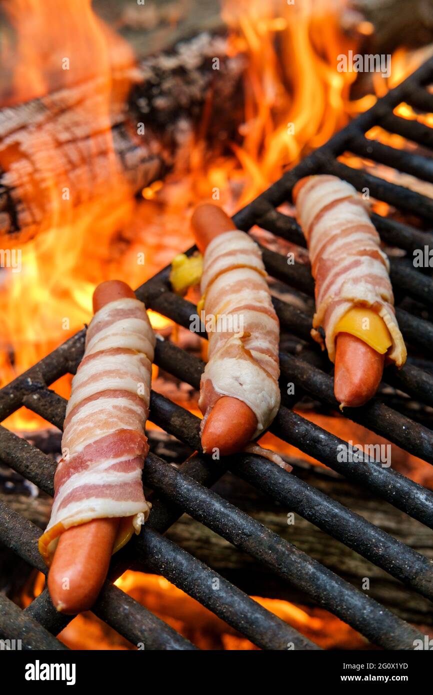 Bacon wrapped cheese hot dogs roasted over campfire wood Stock Photo