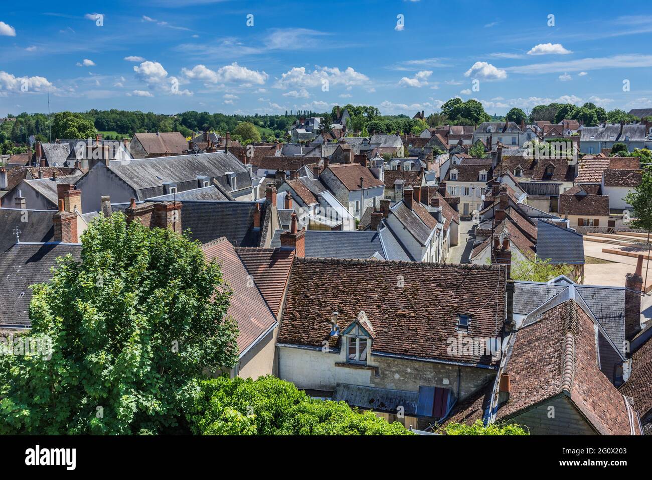 View over rooftops in old town of Saint-Aignan, Loir-et-Cher (41), France. Stock Photo