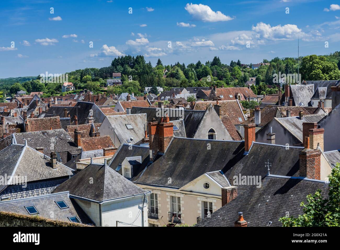 View over rooftops in old town of Saint-Aignan, Loir-et-Cher (41), France. Stock Photo