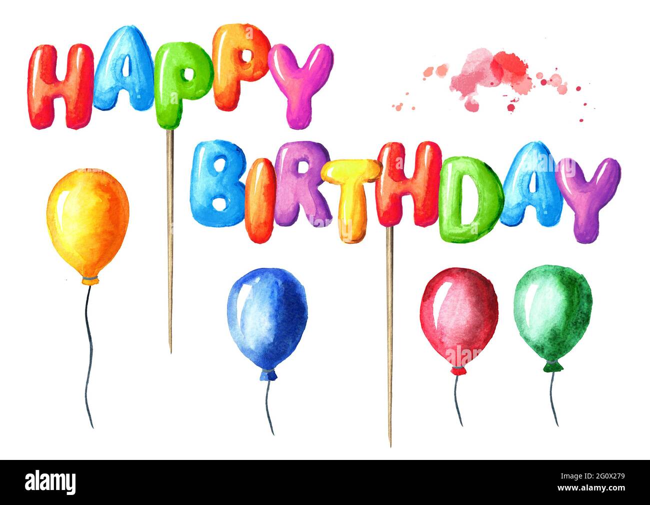 Happy Birthday lettering on a stick design and colorful balloons for  greeting cards and posters. Watercolor hand drawn illustration, isolated on  whit Stock Photo - Alamy