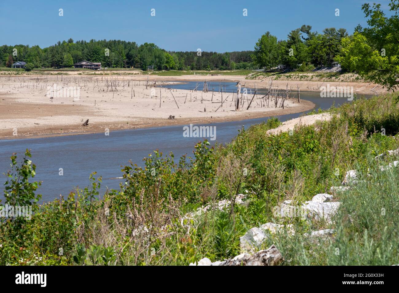 Edenville, Michigan - The aftermath of 2020 flooding on the Tittabawassee and Tobacco Rivers, which breached poorly-maintained dams and drained Sanfor Stock Photo