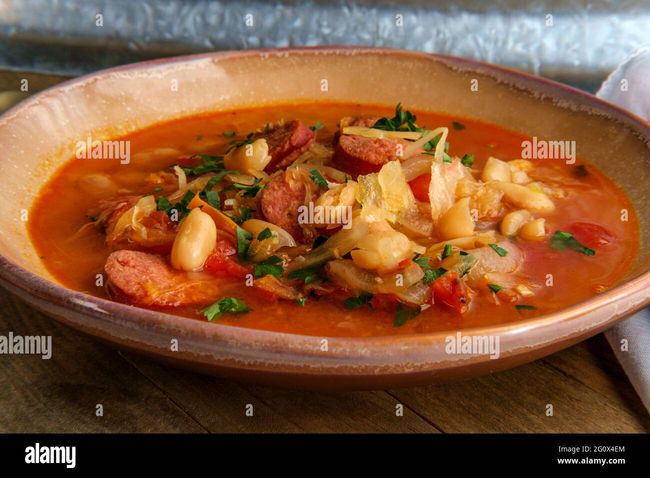 German kielbasa Oktoberfest stew with cabbage and sauerkraut Stock