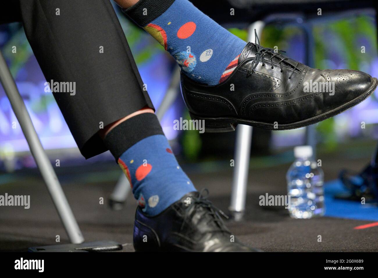 Washingon DC, USA. June 2 2021: The socks of NASA Associate Administrator for Science Thomas Zurbuchen are seen as he answers a reporter's question during a media gaggle, on Wednesday, June 2, 2021, at NASA Headquarters Mary W. Jackson Building in Washington. Credit: UPI/Alamy Live News Stock Photo