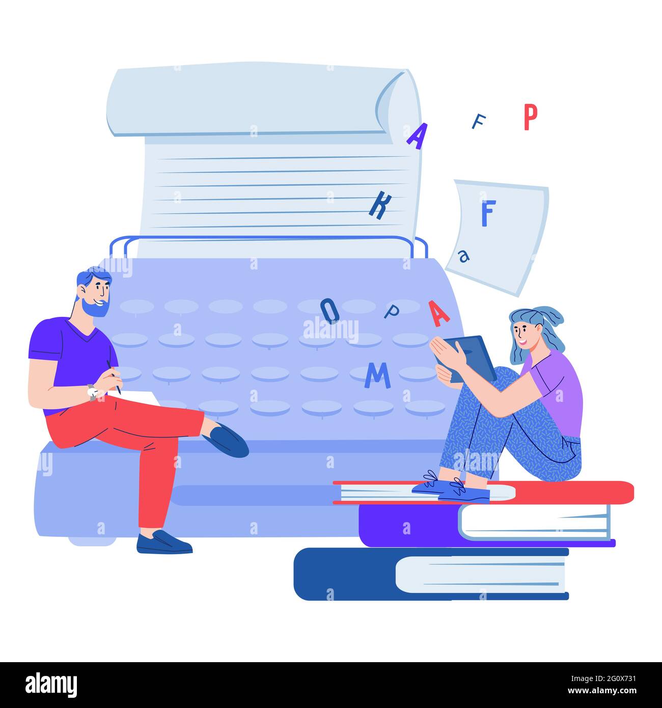 Copywriting banner with copywriters creating text on paper sheet using typewriter, cartoon vector. Stock Vector