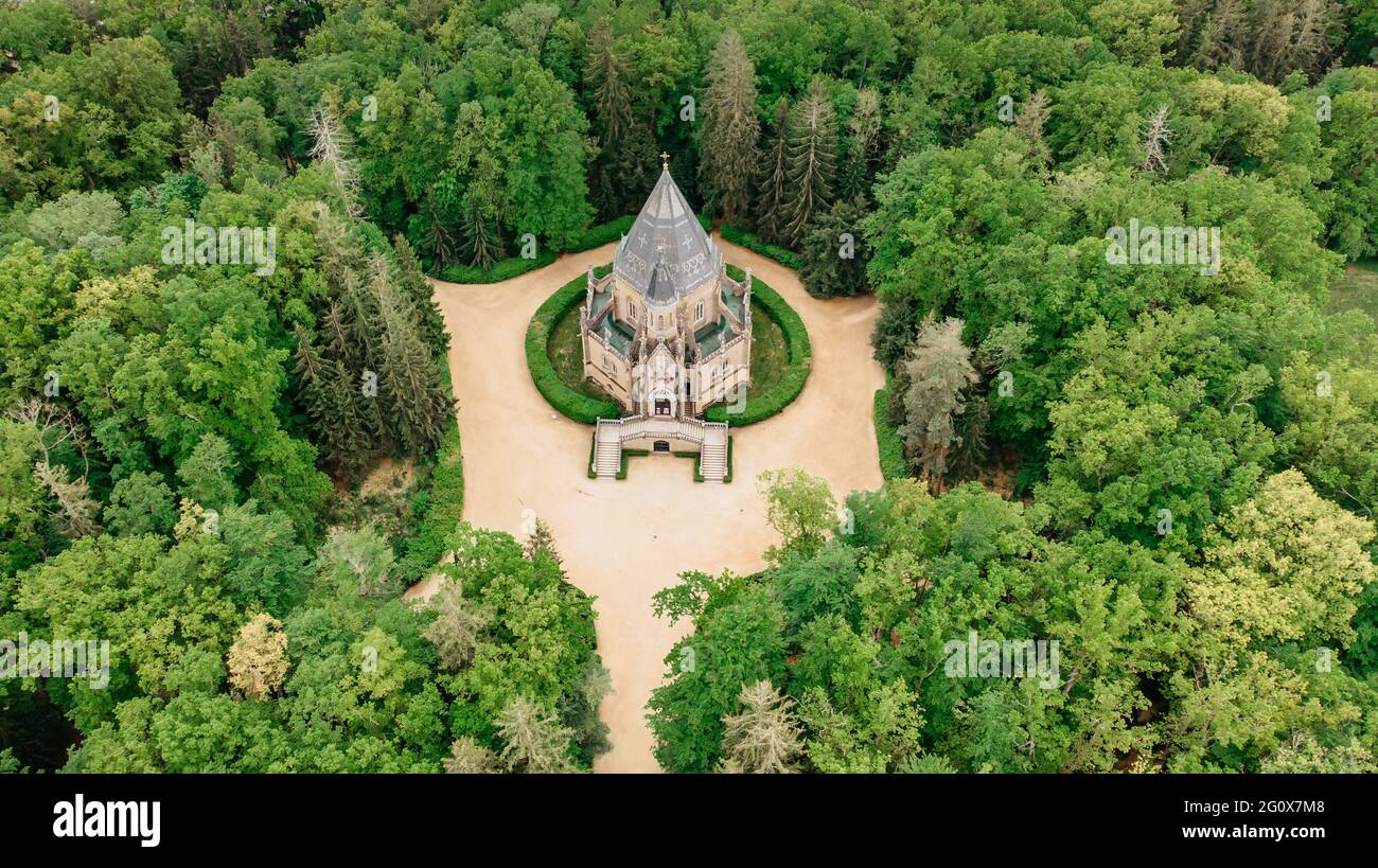 Aerial drone view of Schwarzenberg Tomb near Trebon, Czech Republic.Neo-gothic building with tower and majestic double staircase is surrounded by park Stock Photo