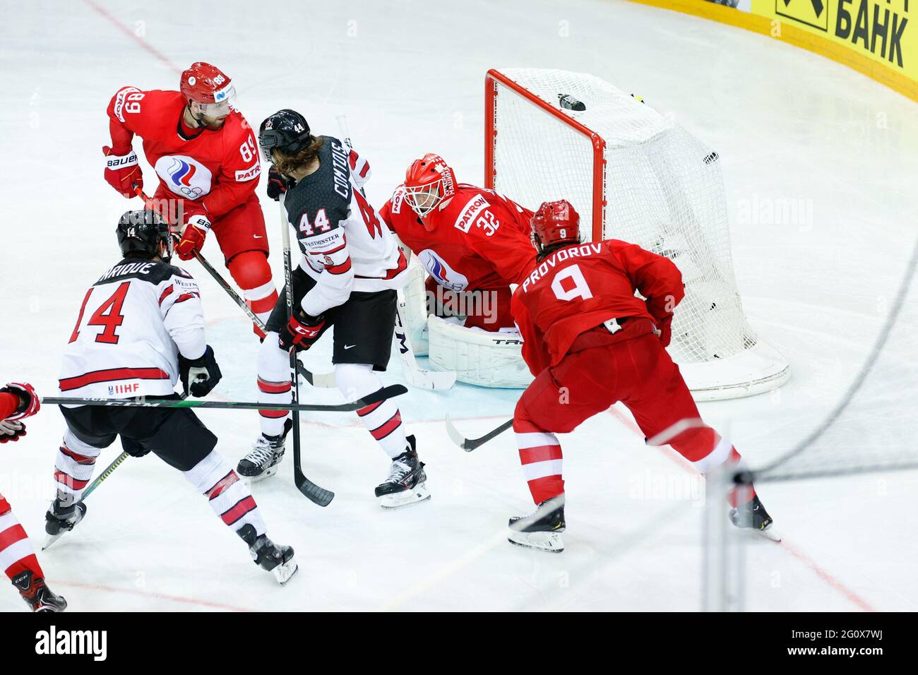 Riga, Olympic Sports Centre, Quarterfinal, Russia. 03rd June, 2021. Canada (2021 IIHF Ice Hockey World Championship), power play goal for Team Canada