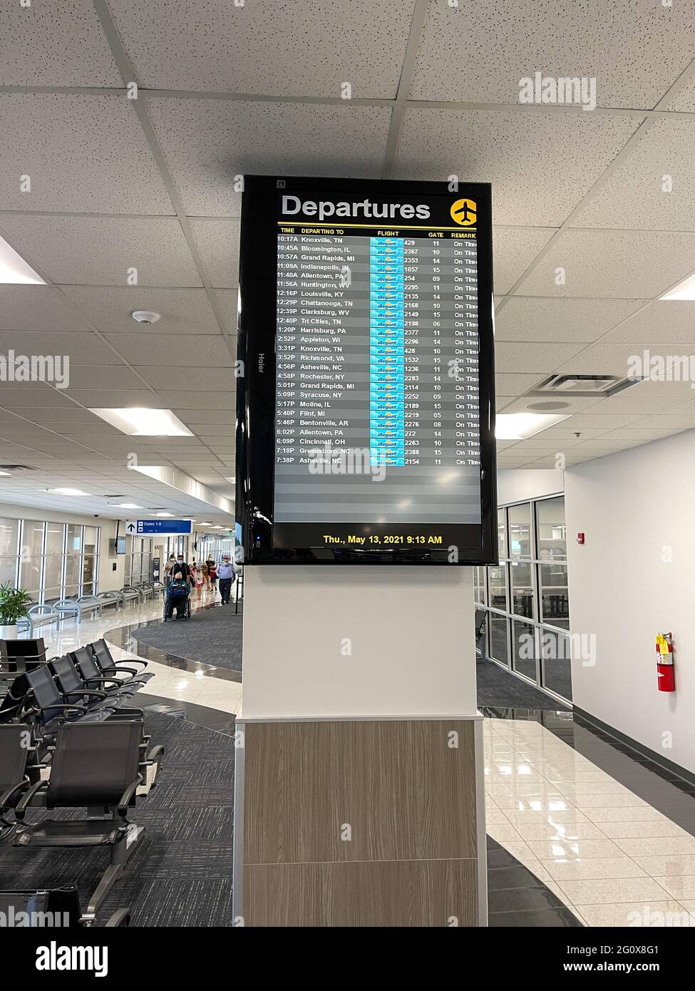 Sanford, FL USA - May 13, 2021:  Departure board monitor at Sanford International Airport in Sanford, Florida. Stock Photo