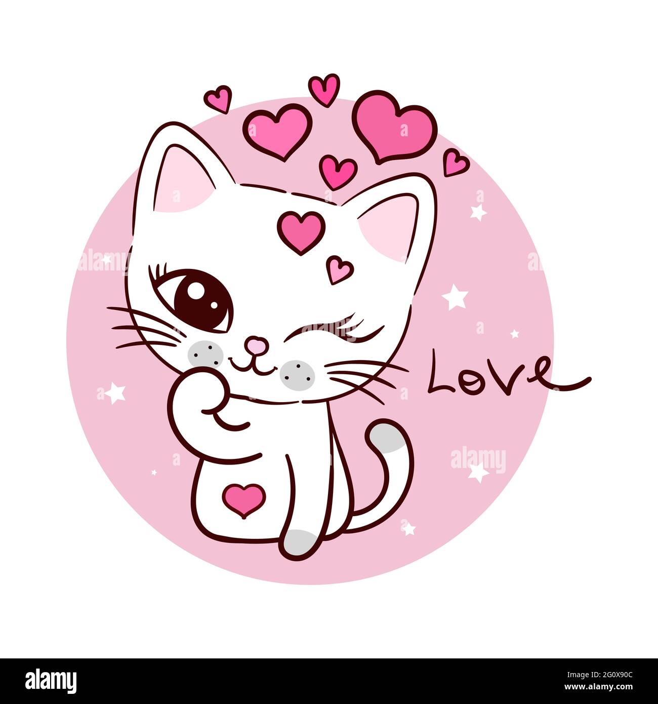 Cute cartoon cat with calligraphic text lettering. Love. For the design of prints, posters, postcards, valentines, stickers, knowers. Vector Stock Vector