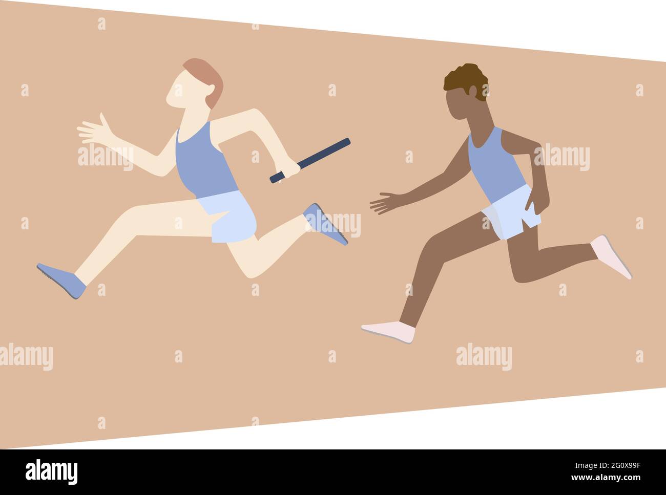 Athletes passing over the baton while running on the track. Men practicing relay race on racetrack. Side view. Isolated vector illustration Stock Vector