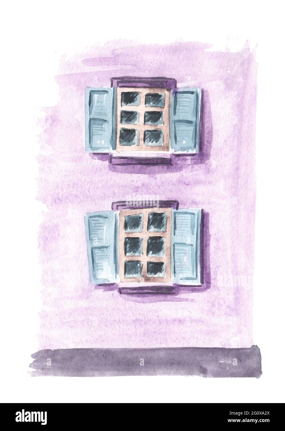 Fragment of a rural house with open windows. Hand drawn watercolor ...