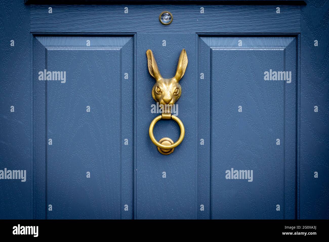 Blue wooden front door with bronze rabbit head door knocker holding a ring in its mouth Stock Photo