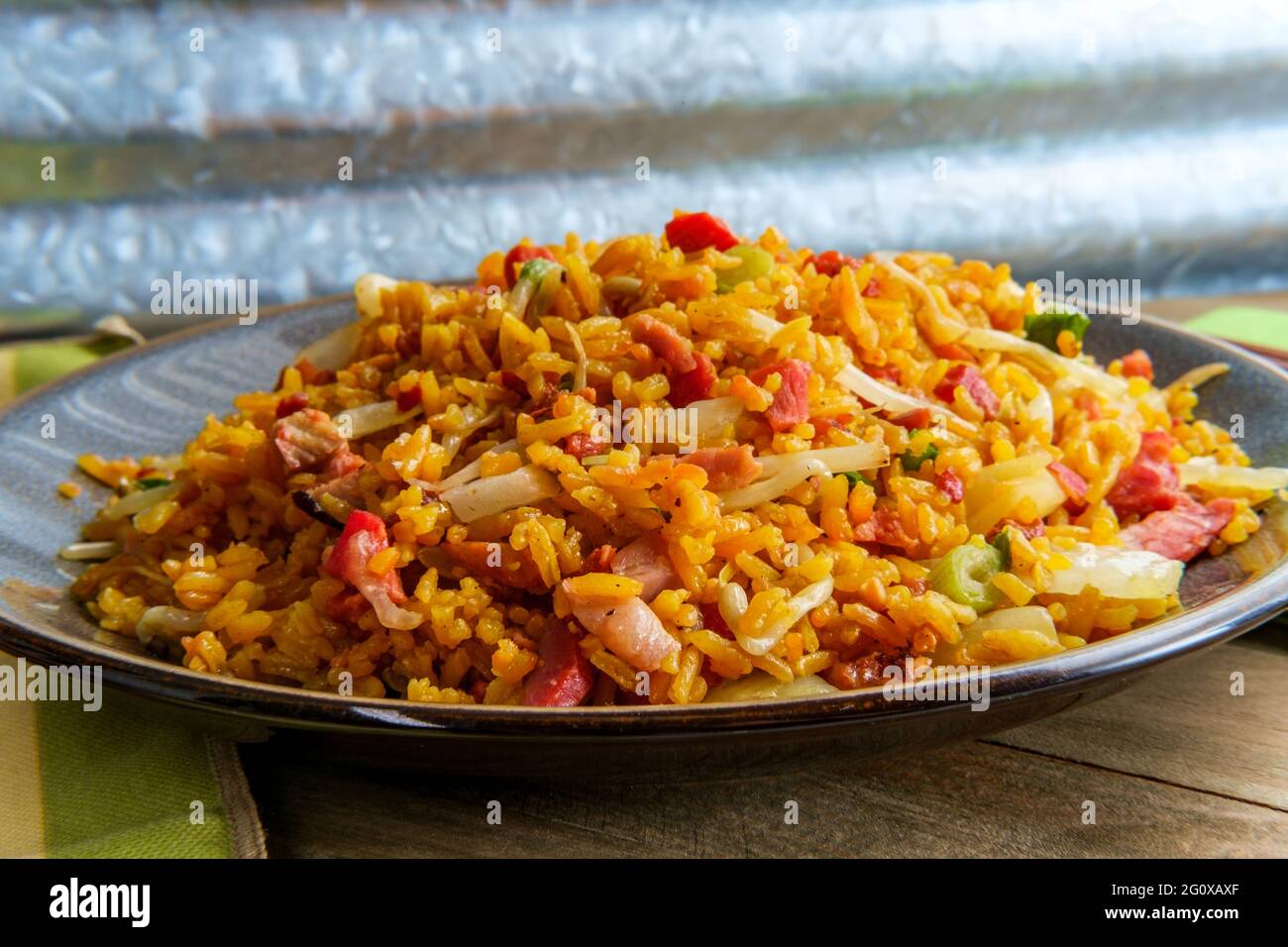Chinese pork fried rice with wooden chopsticks Stock Photo Alamy