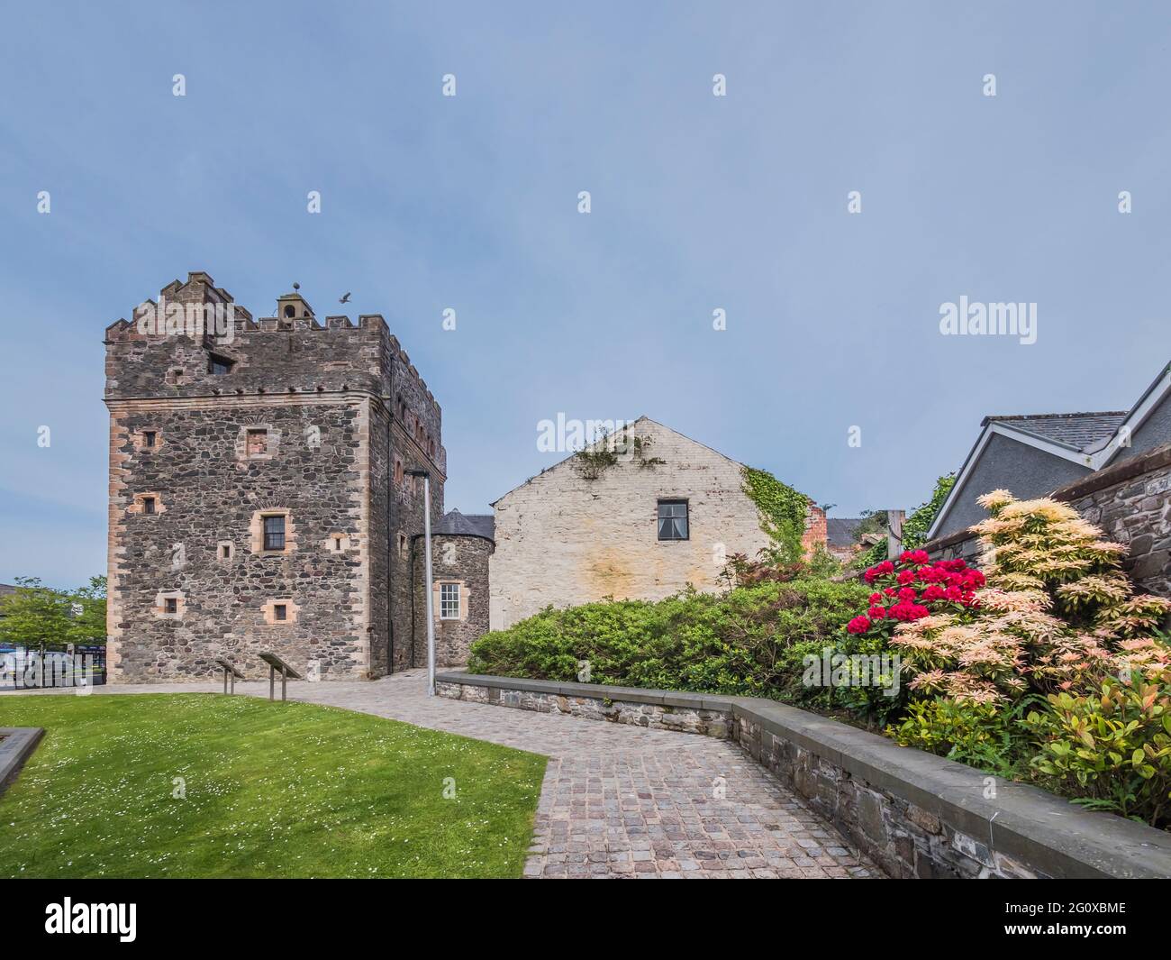 The image is of the medieval Castle-Keep Tower in the town centre of the west coast town and port of Stranraer on the west coast of Scotland Stock Photo