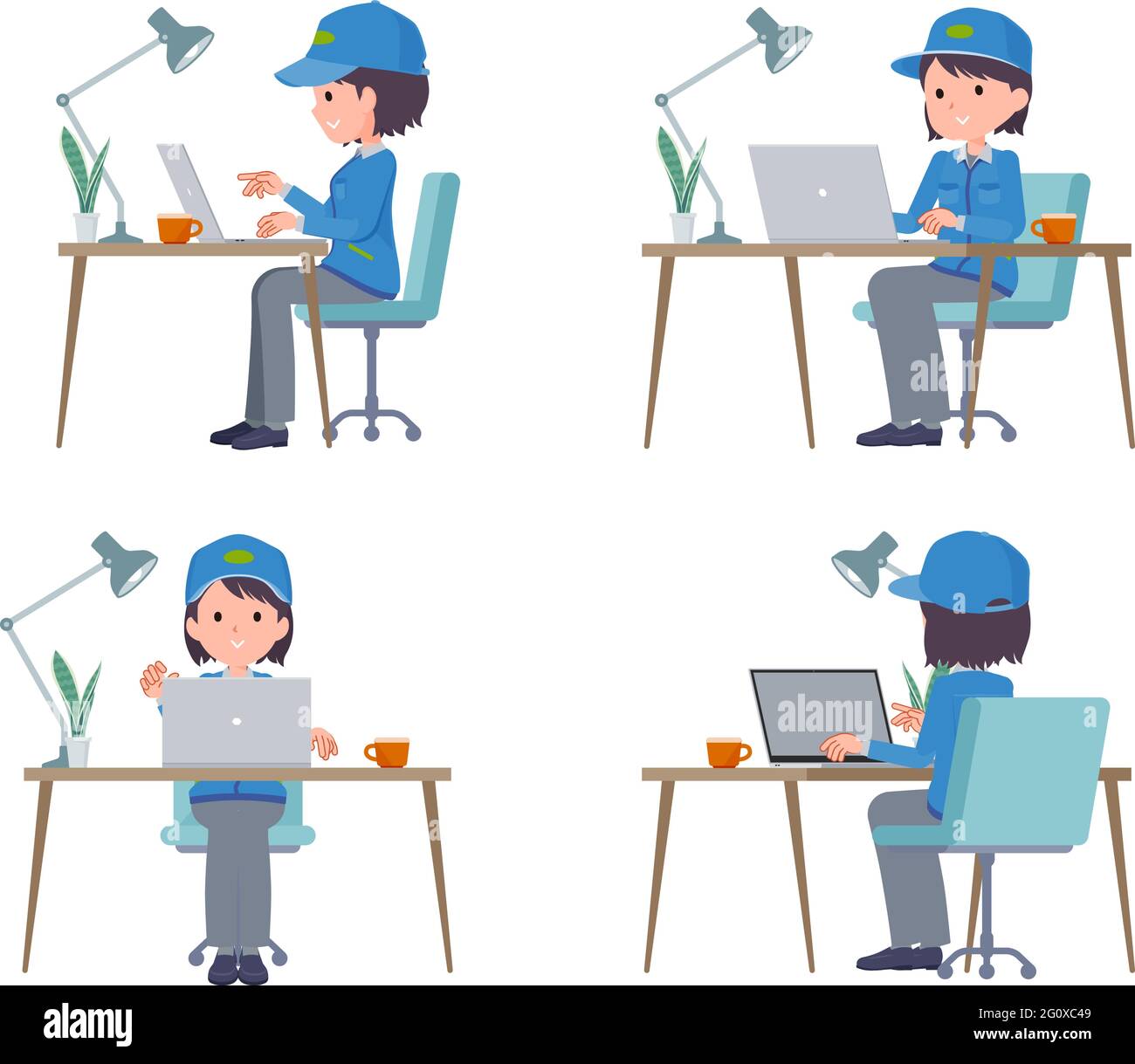 A set of Delivery woman working at a desk at a computer.It's vector art