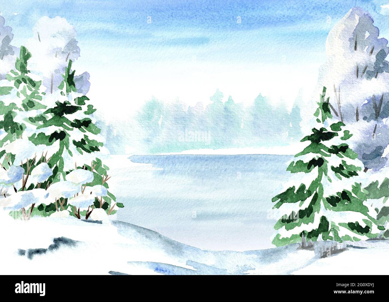 Winter background, landscape with fir, tree and lake. Watercolor hand ...