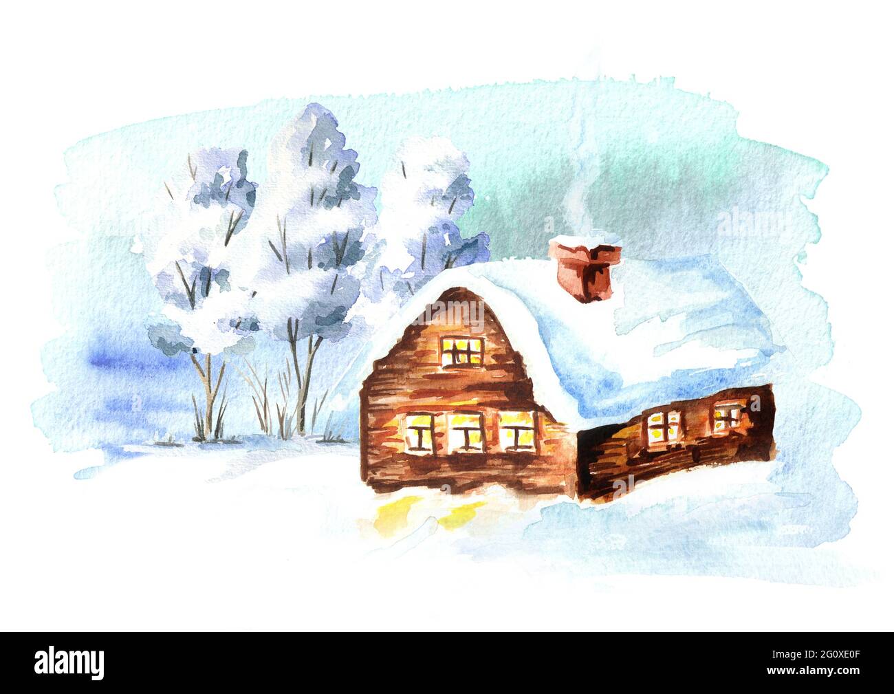 Winter landscape, house and trees with snow. Watercolor hand drawn ...