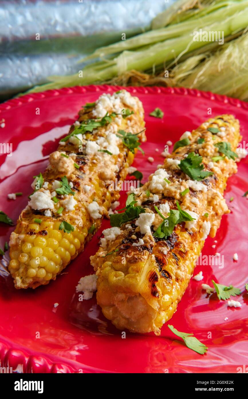 Mexican street corn also known as elote served with chili mayonnaise and cotija cheese Stock