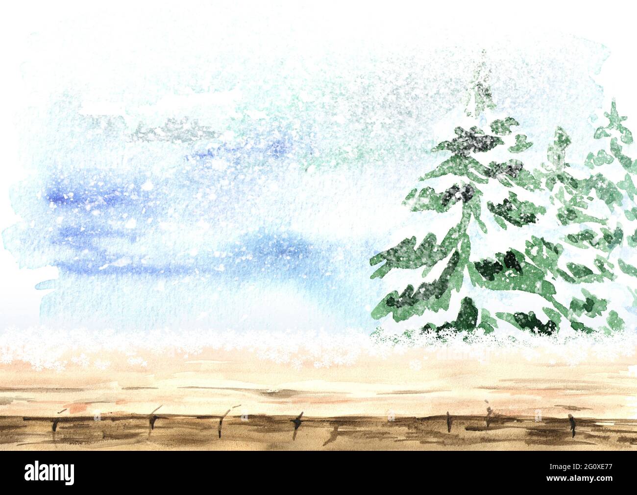 Winter background, landscape with snowfall and empty table. Watercolor ...