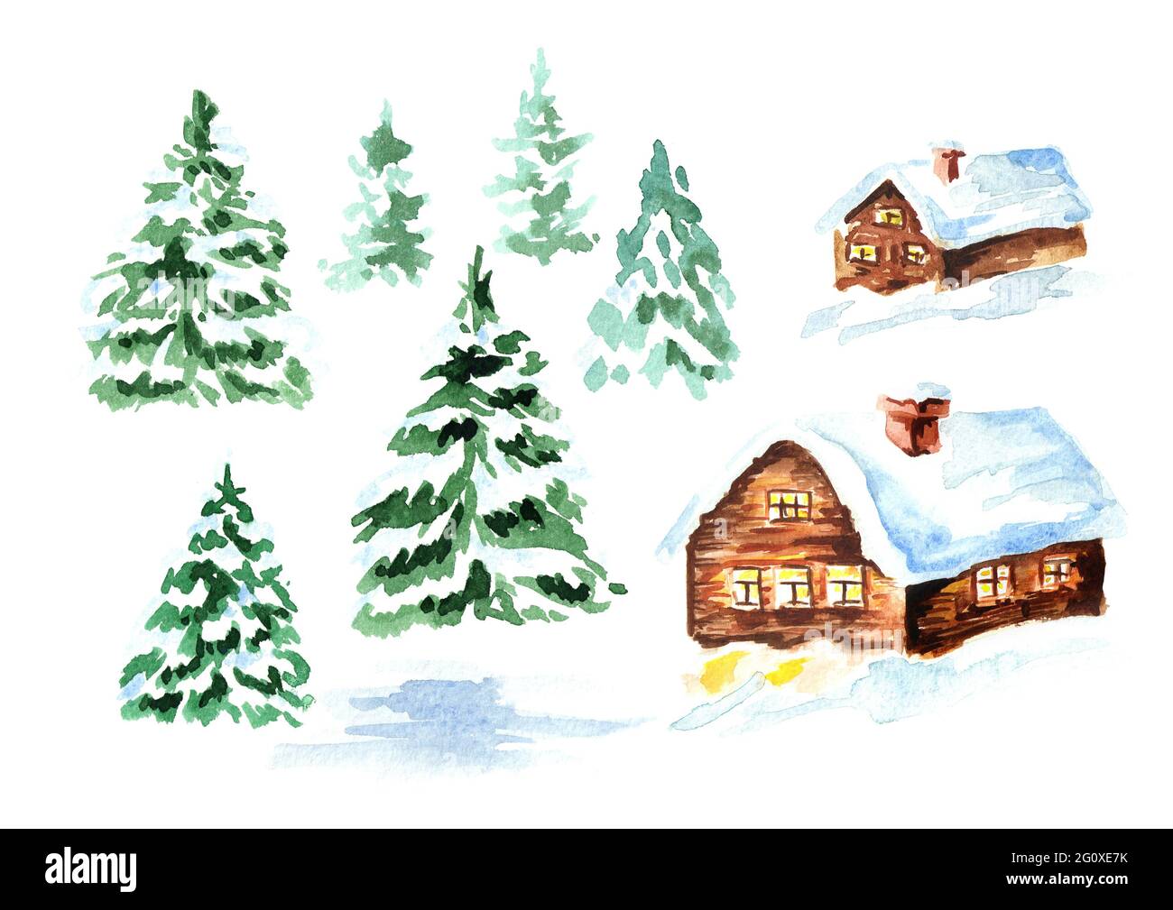 Winter house with snow and fir set. Watercolor hand drawn illustration ...
