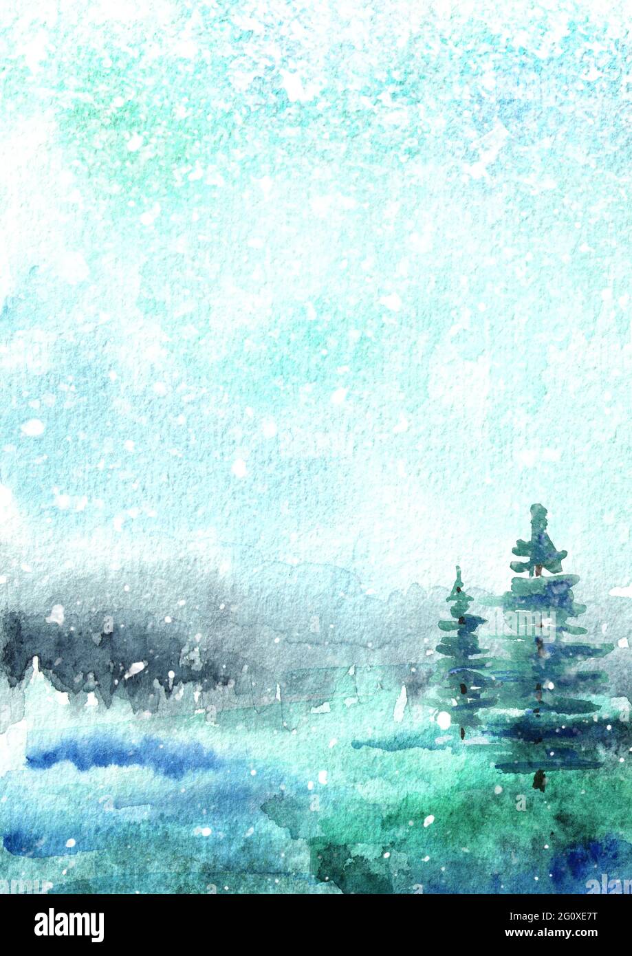 Winter background, landscape with snow. Watercolor hand drawn vertical ...