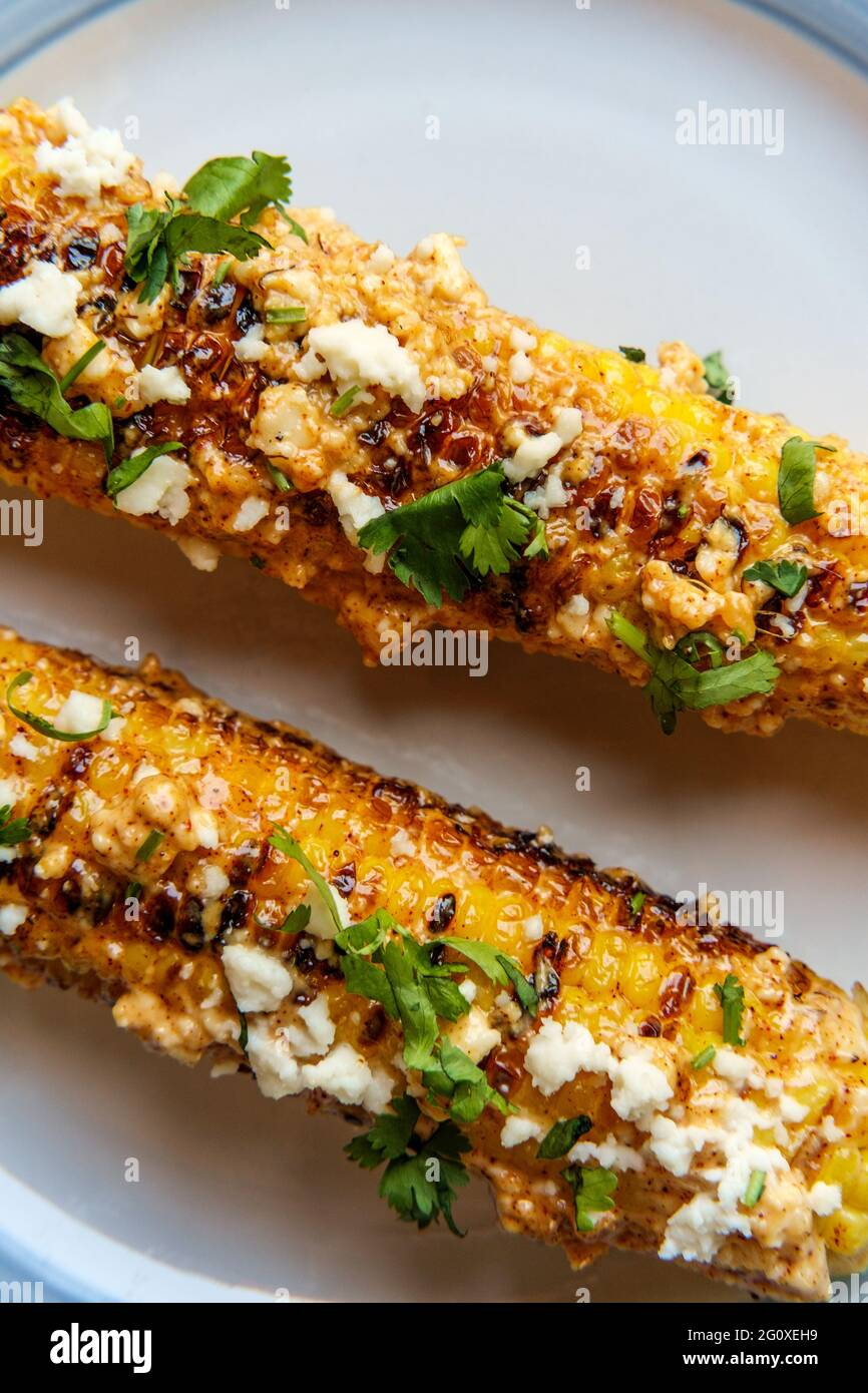 Mexican street corn also known as elote served with chili mayonnaise
