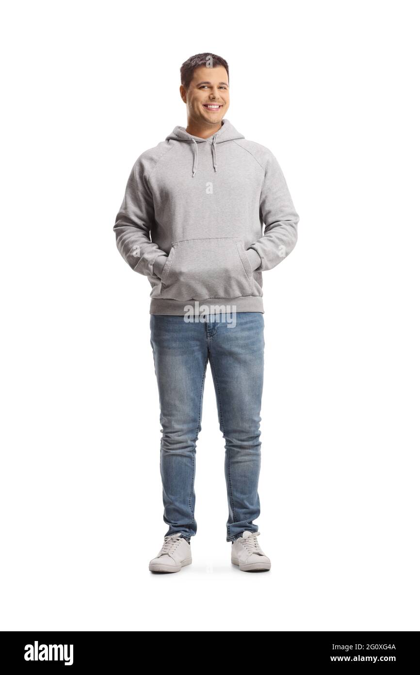 Side view of happy beauty woman in leggings put on hoodie in gray sweatshirt.  Full body length isolated on white background Stock Photo - Alamy