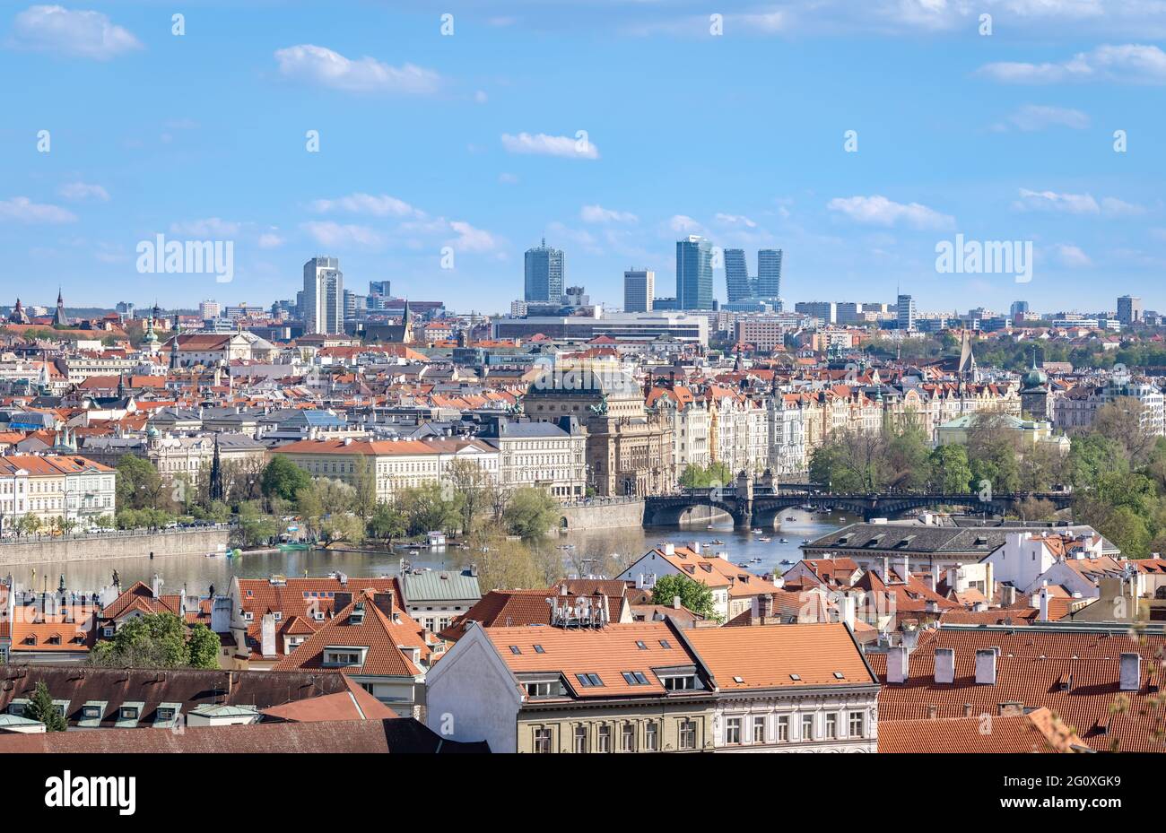 Prague cityscape - shot taken from Prague castle overlooking Old Town and New Town, and Nusle in the backround Stock Photo