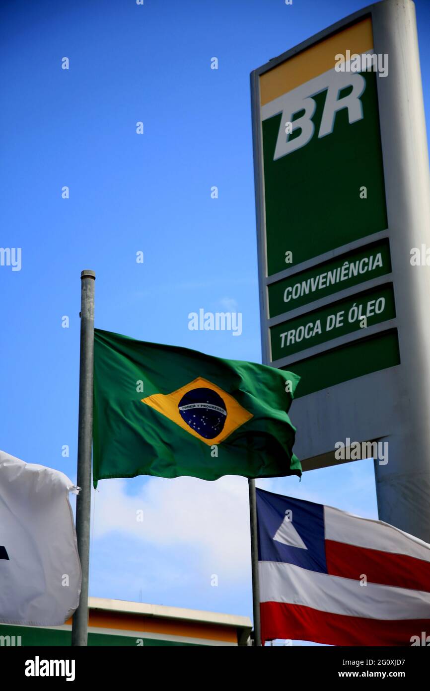 salvador, bahia, brazil - may 26, 2021: Brazilian flag on the facade of a BR Distribuidora gas station in the city of Salvador. Stock Photo