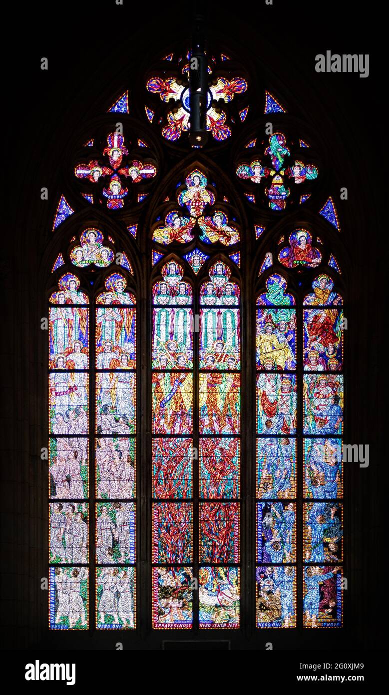Stained glass window in the St Vitus cathedral, Prague castle complex
