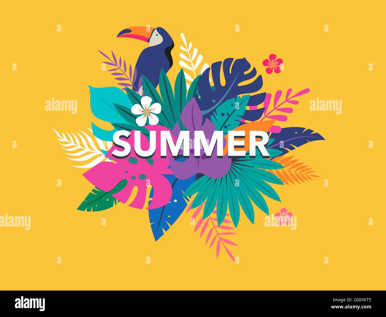 Summer time fun concept design. Creative background of landscape, panorama of jungle leaves and toucan. Summer sale, post template Stock Vector