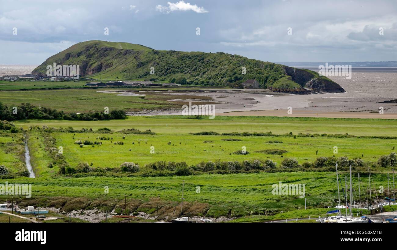 Brean Down viewed from Uphill Hill, Somerset, with River Axe Estury & Uphilll Marina Stock Photo