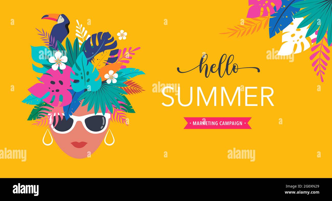Summer time fun concept design. Creative background woman's head, jungle leaves and toucan. Summer sale, post template Stock Vector