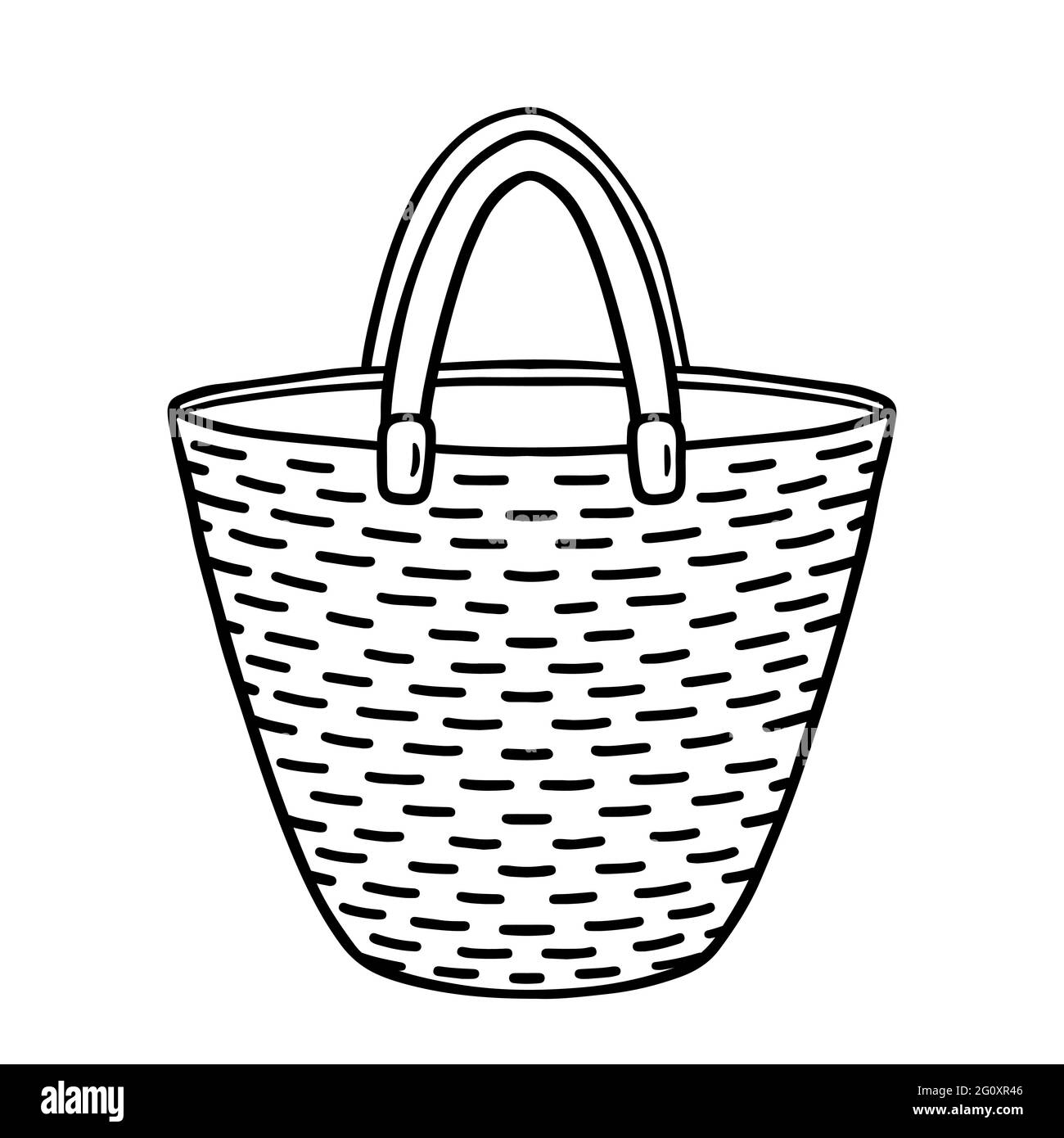 Straw beach bag isolated on white background. Vector hand-drawn illustration in doodle style. Perfect for your project, card, logo, decorations. Stock Vector