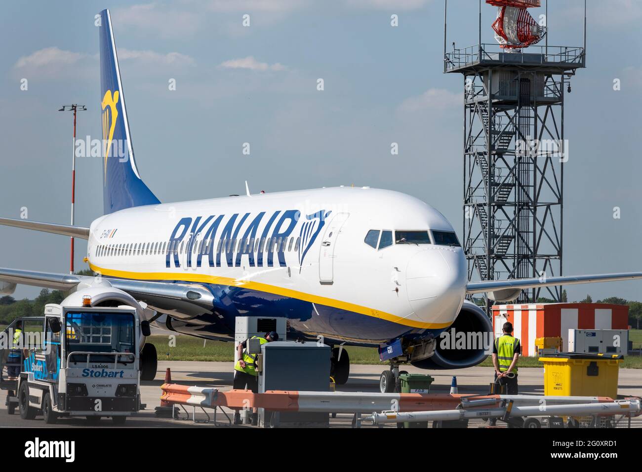 Ryanair Boeing 737 on stand at London Southend Airport having arrived from Corfu, and being readied for first departure to Faro following COVID 19 ban Stock Photo
