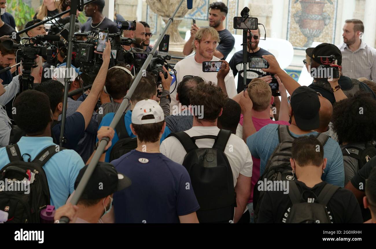 Miami Beach, United States. 03rd June, 2021. The media gathers to interview Logan Paul during a presser at the Villa Casa Casuarina the former Versace Mansion on Ocean Drive Thursday, June 3, 2021 in Miami Beach, Florida. Photo by Gary I Rothstein/UPI Credit: UPI/Alamy Live News Stock Photo