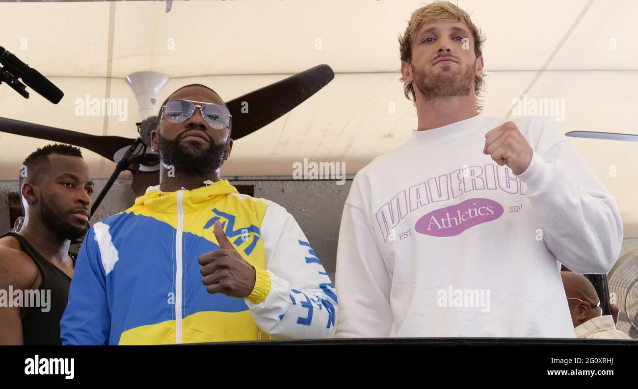 Miami Beach, United States. 03rd June, 2021. Floyd Mayweather (L) Logan Paul face-off after a press conference with the media and fight fans at the Villa Casa Casuarina the former Versace Mansion on Ocean Drive in Miami Beach, Florida, Thursday, June 3, 2021. Photo by Gary I Rothstein/UPI Credit: UPI/Alamy Live News Stock Photo