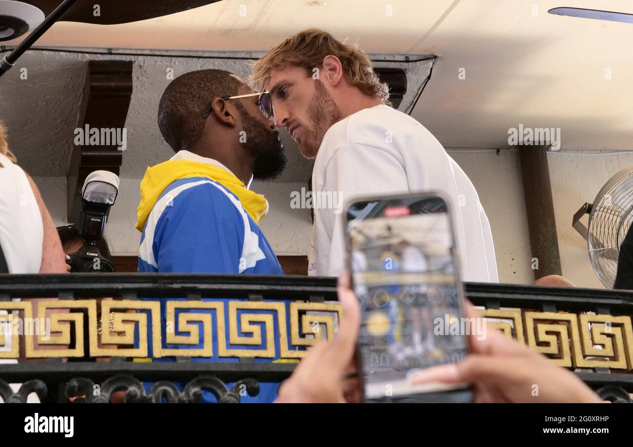 Miami Beach, United States. 03rd June, 2021. Floyd Mayweather (L) Logan Paul face-off after a press conference with the media and fight fans at the Villa Casa Casuarina the former Versace Mansion on Ocean Drive in Miami Beach, Florida, Thursday, June 3, 2021. Photo by Gary I Rothstein/UPI Credit: UPI/Alamy Live News Stock Photo