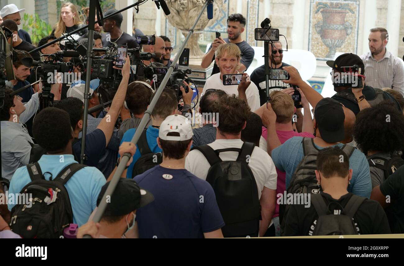Miami Beach, United States. 03rd June, 2021. The media gathers to interview Logan Paul during a presser at the Villa Casa Casuarina the former Versace Mansion on Ocean Drive Thursday, June 3, 2021 in Miami Beach, Florida. Photo by Gary I Rothstein/UPI Credit: UPI/Alamy Live News Stock Photo