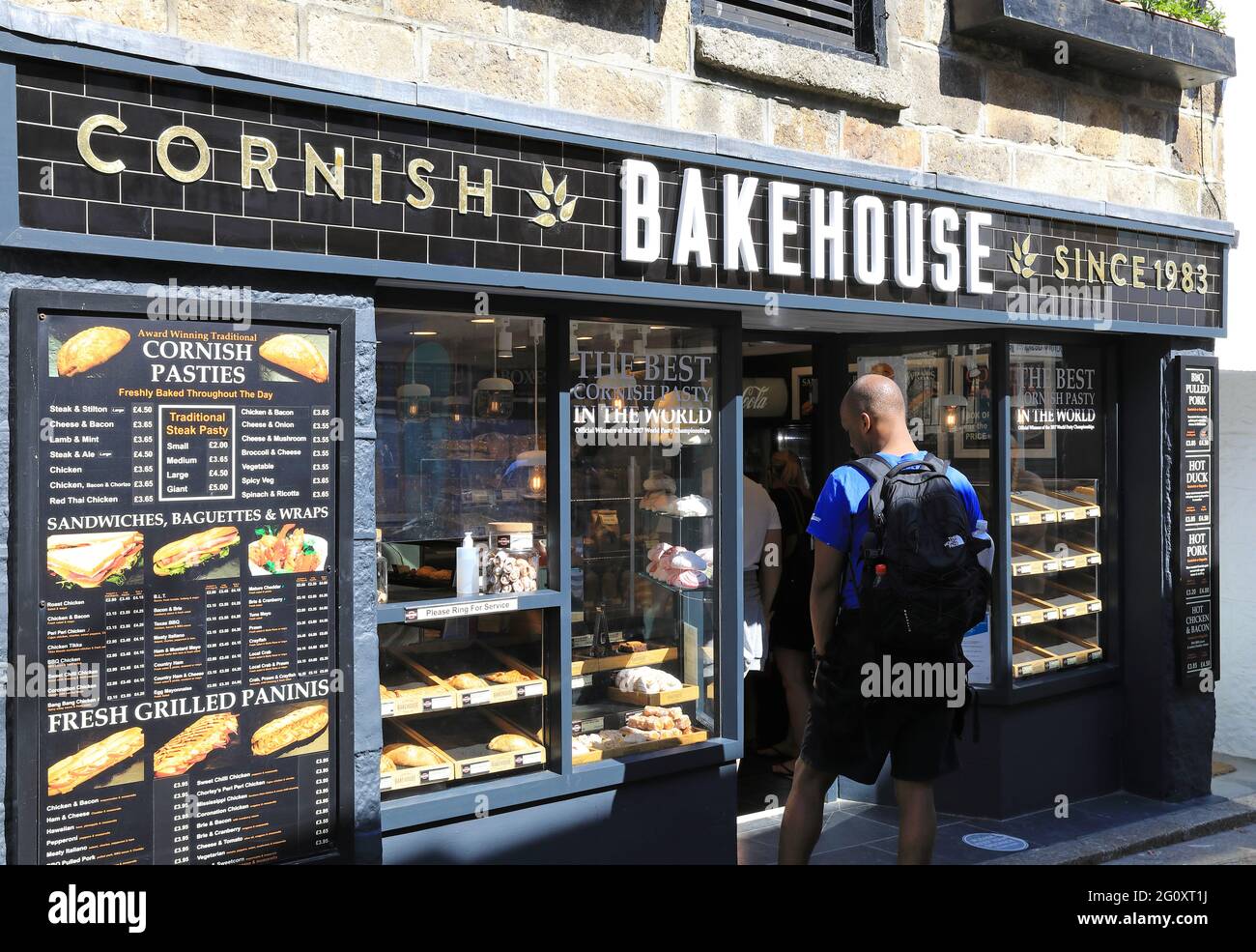 Popular Cornish pasty shop, the Bakehouse, on Fore Street, in St Ives, Cornwall, UK Stock Photo
