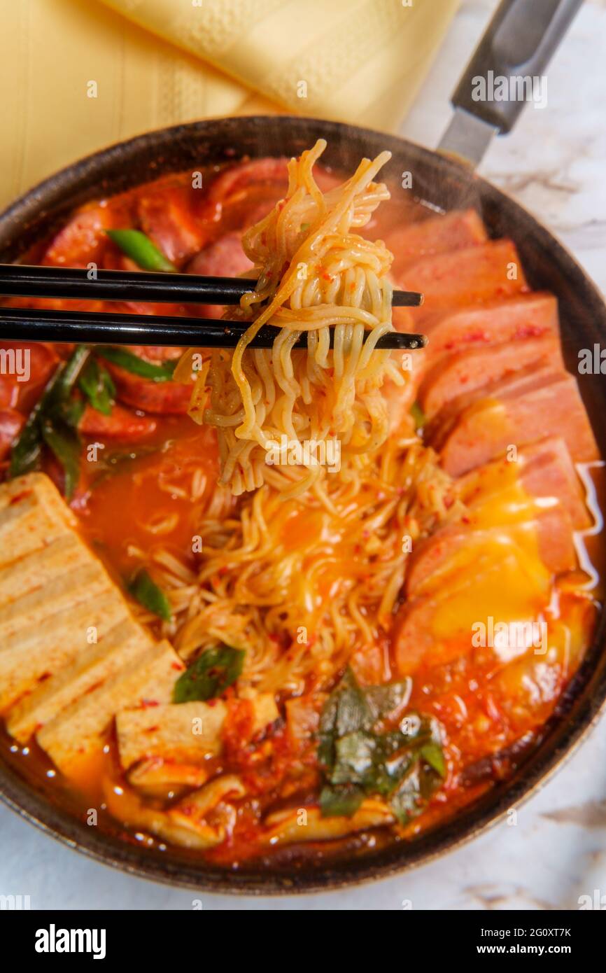 Korean comfort food army base stew also known as Budaejjigae with